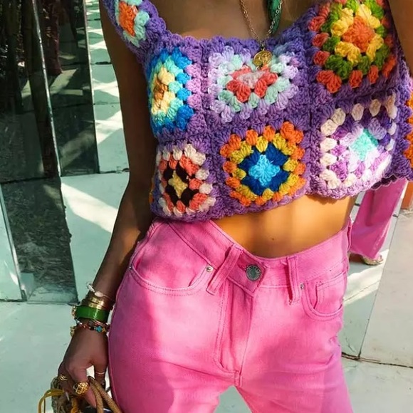 Lavender Multi Color Colorful Handmade Crochet Sleeveless Cropped Crop Tank Top - Picture 2 of 5